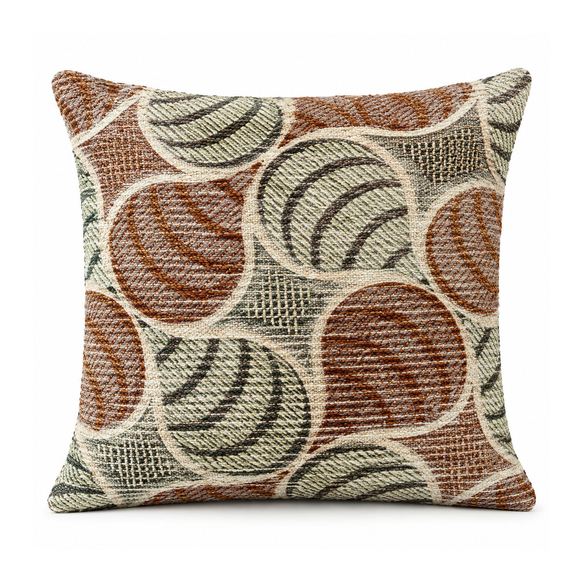 Primeval cinnamon rust olive and cream cushion featuring overlapping circular swirls and retro-style arcs