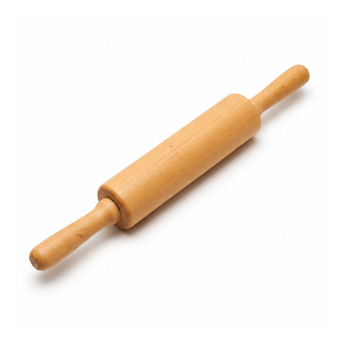 Light natural wood rolling pin with cylindrical barrel and rounded handles extending from both sides