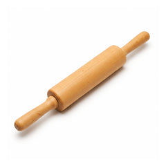 Light natural wood rolling pin with cylindrical barrel and rounded handles extending from both sides
