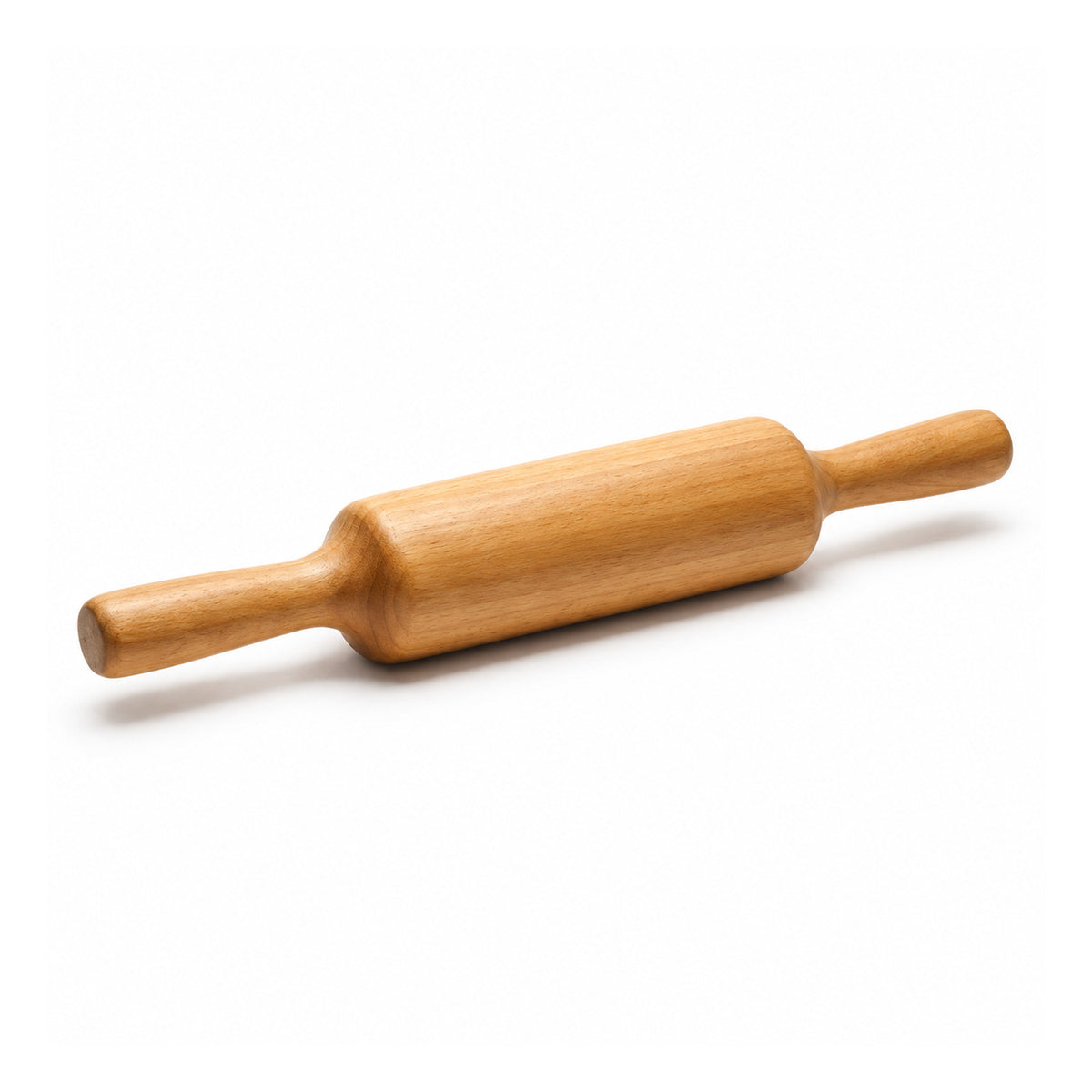 Classic light honey-wood rolling pin with a thick cylindrical barrel and narrow rounded handles at both ends