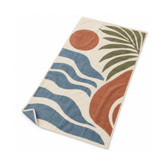 Coastal abstract beach towel with wave, sun and leaf motifs in a modern nature-inspired composition.