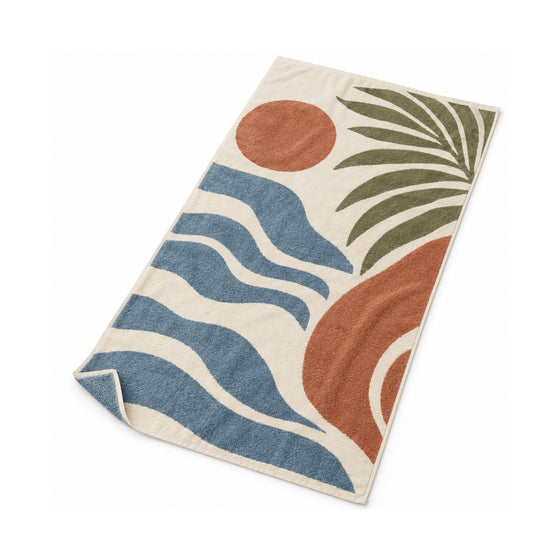 Coastal abstract beach towel with wave, sun and leaf motifs in a modern nature-inspired composition.