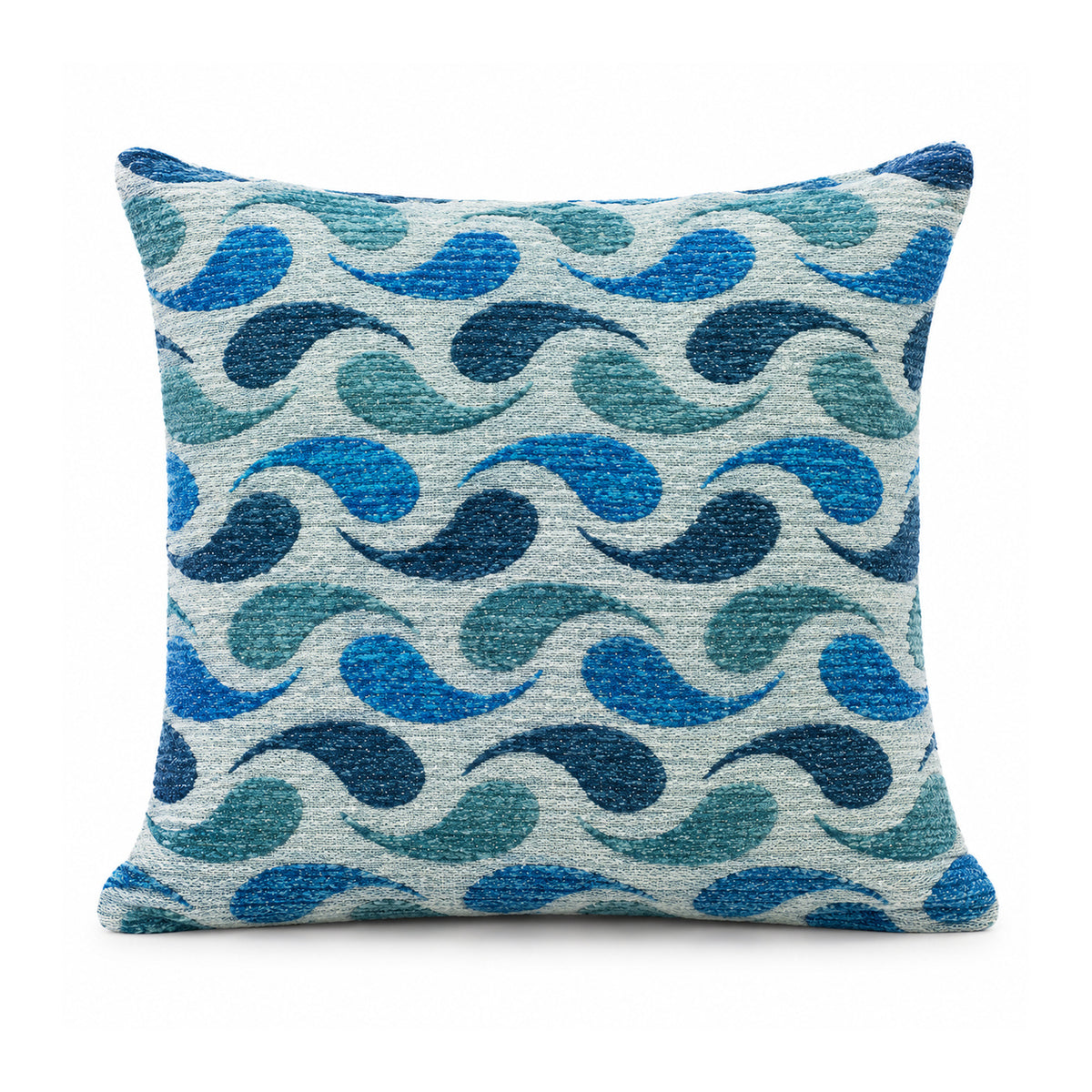 Primeval cobalt blue and aqua cushion with a bold repeating wavy S-curve pattern on light ivory