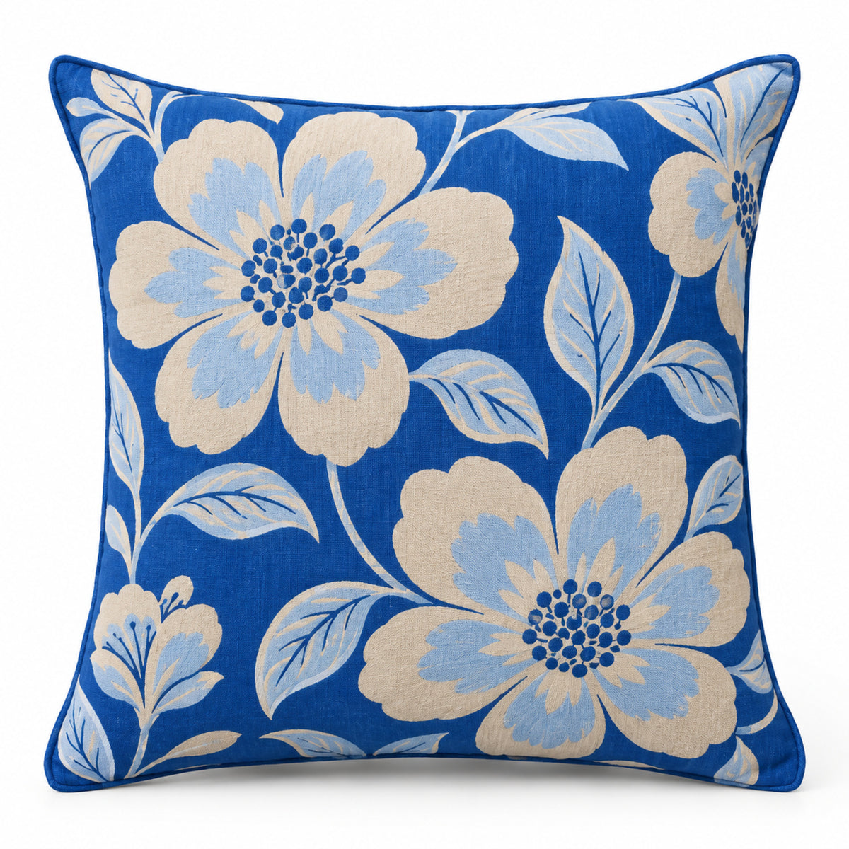 Cobalt blue decorative cushion cover with large ivory and pale blue floral pattern