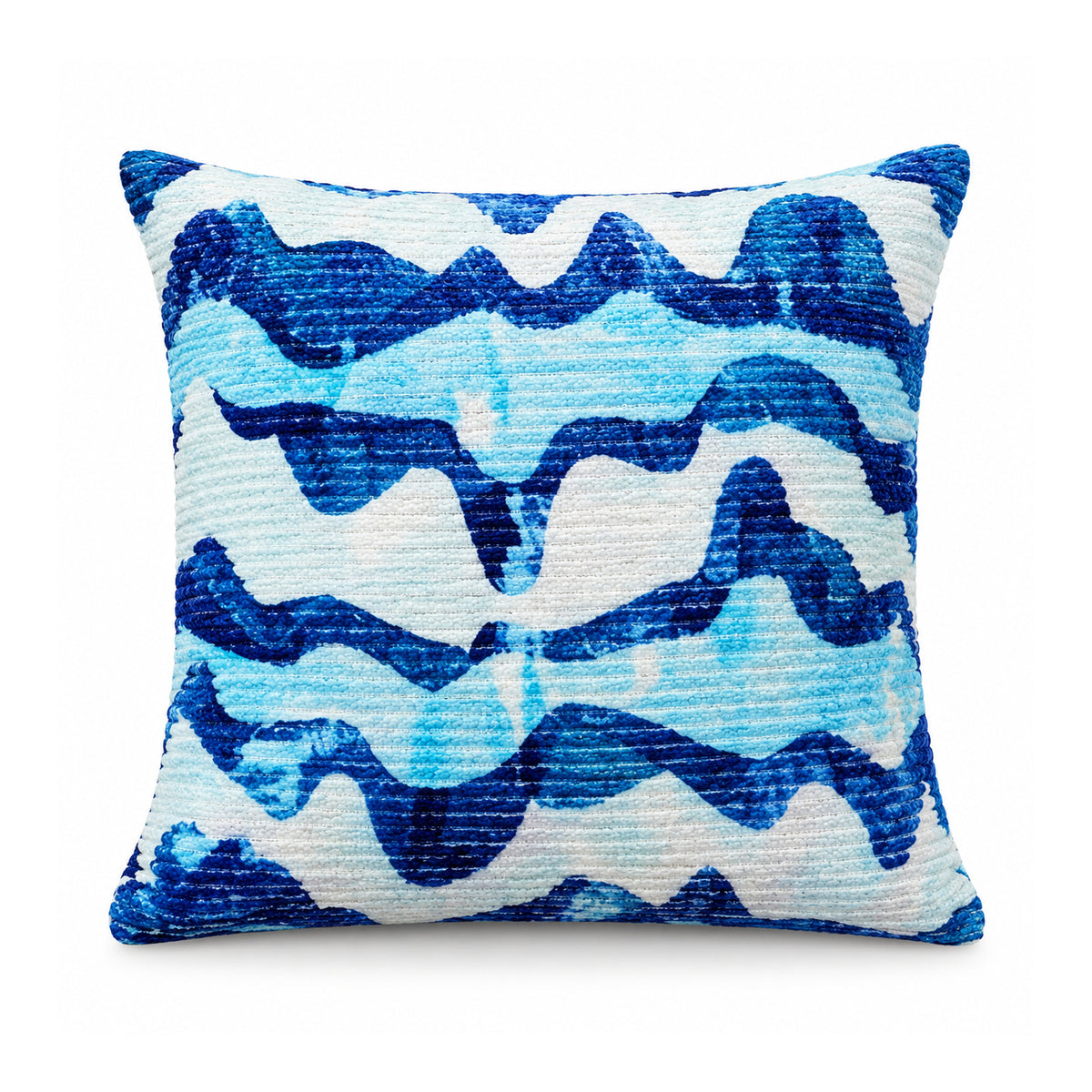 Primeval cushion cover with cobalt blue, turquoise and white bold zigzag wave pattern