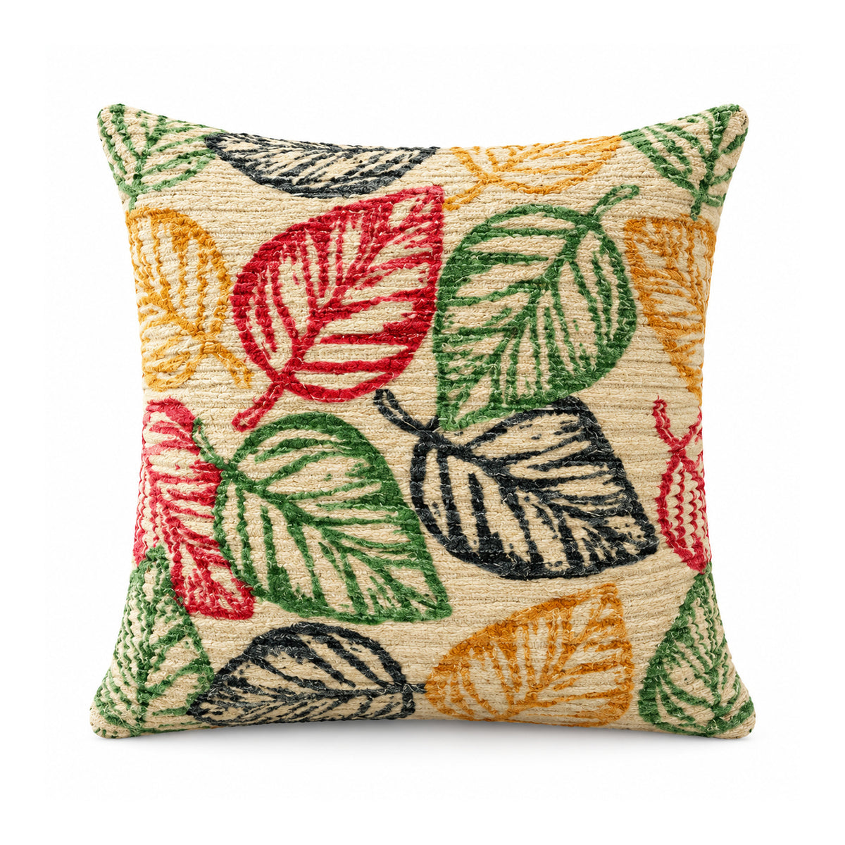Primeval decorative throw cushion with orange, coral, mustard, olive and black botanical leaves on an ivory background