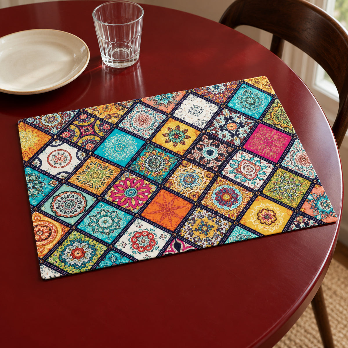 Colourful rectangular placemat with vibrant mosaic tile motifs in blue orange yellow pink and green on a red wooden table