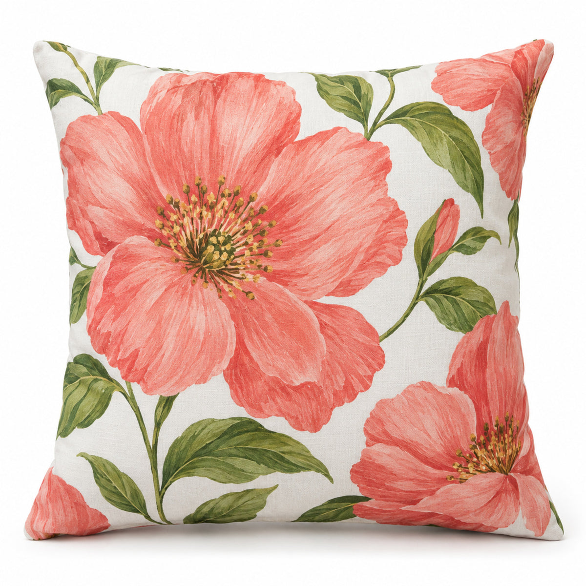 Ivory decorative cushion with coral floral print