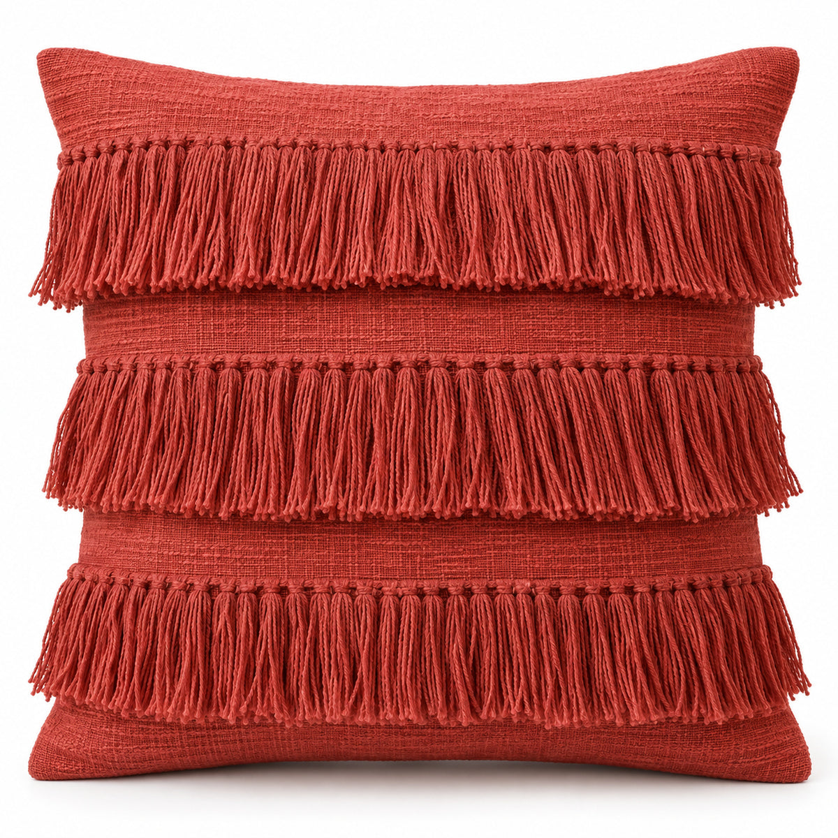 Handwoven Cotton Fringe Cushion Cover – 45 x 45 cm, Rust Red Textured Tassel Design