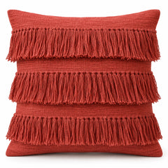 Handwoven Cotton Fringe Cushion Cover – 45 x 45 cm, Rust Red Textured Tassel Design