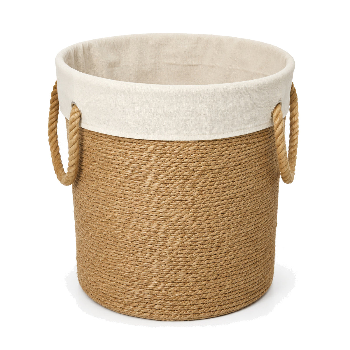 Primeval natural jute laundry basket with cream cotton liner and rope handles on a white background
