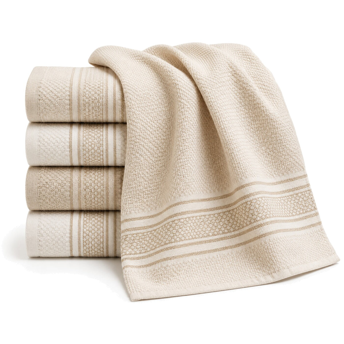 Primeval cream and beige textured decorative border cotton kitchen towel set in folded studio presentation