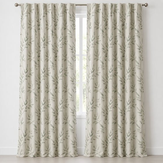 Cream blackout curtains with delicate botanical branch print, front view - Primeval