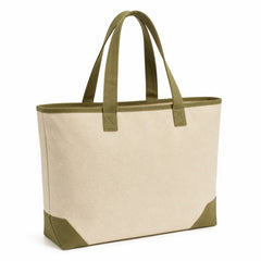 Cream canvas tote bag with olive handles, top trim and reinforced base corners on a white background.