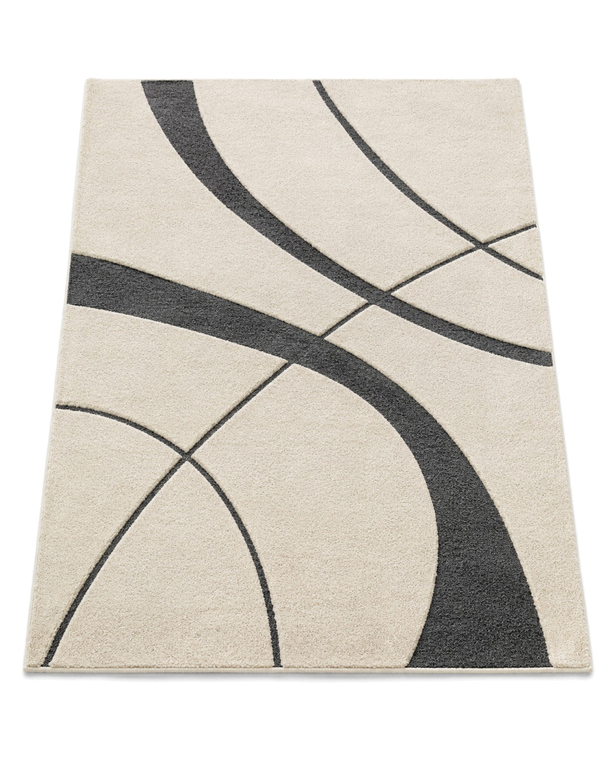 Cream and charcoal hand-tufted area rug with sweeping curved line design on a white background.