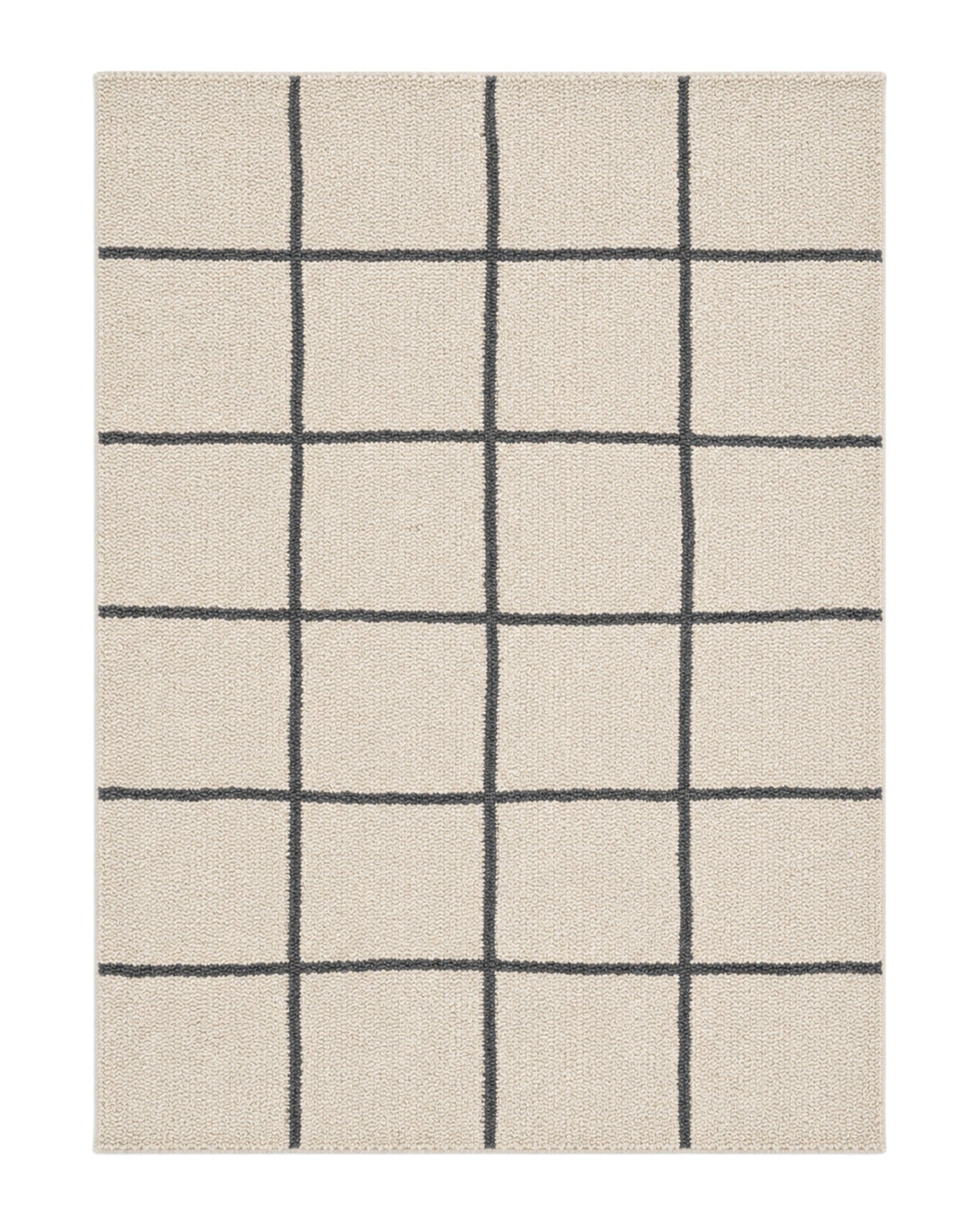 Cream and charcoal loop-pile area rug with a soft oversized grid pattern on a white background.