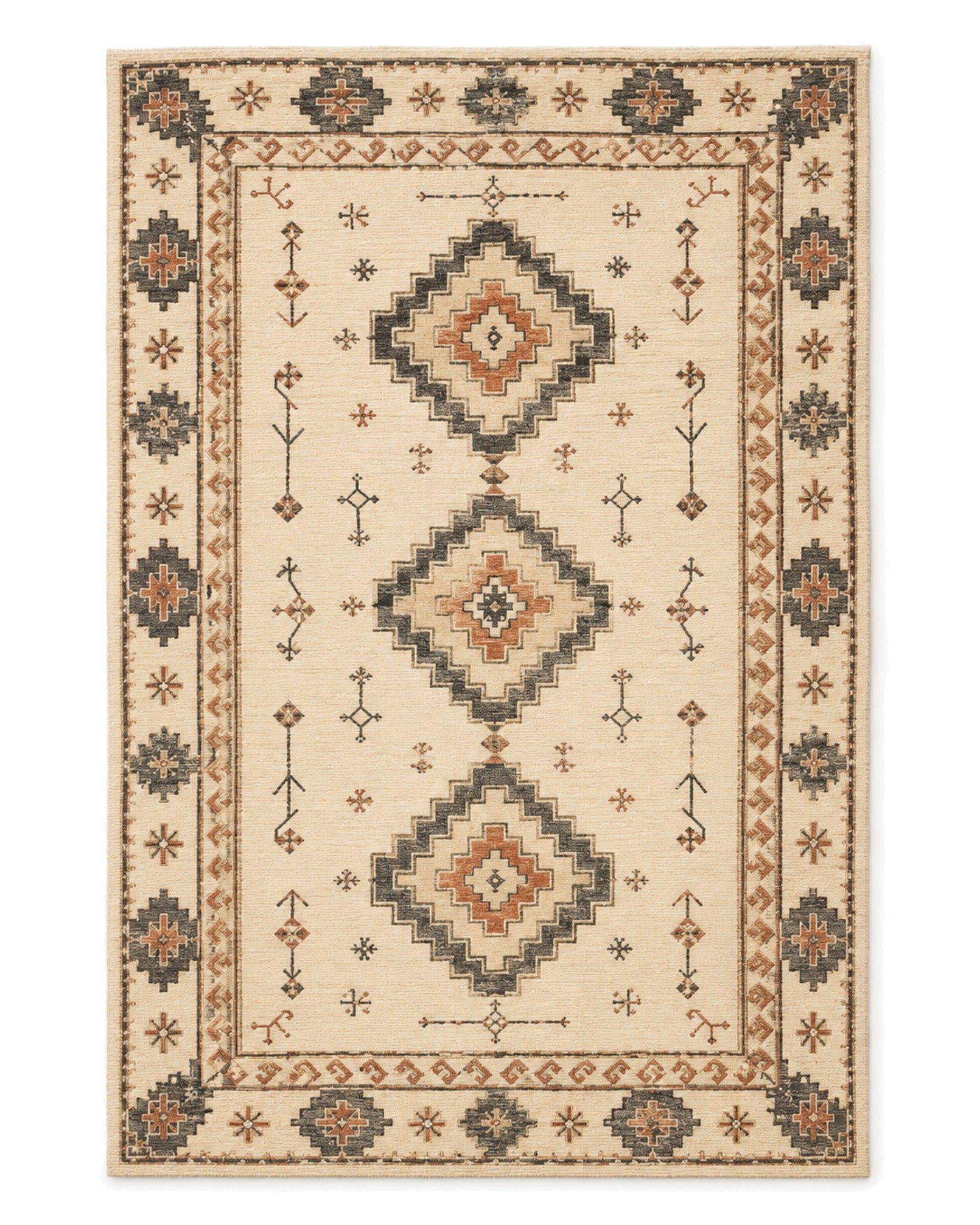 Cream, charcoal and rust hand-knotted area rug with stacked tribal diamond medallions and patterned border on a white background.