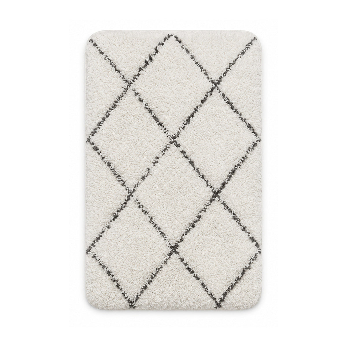 Cream shag bath mat with charcoal trellis pattern on white background