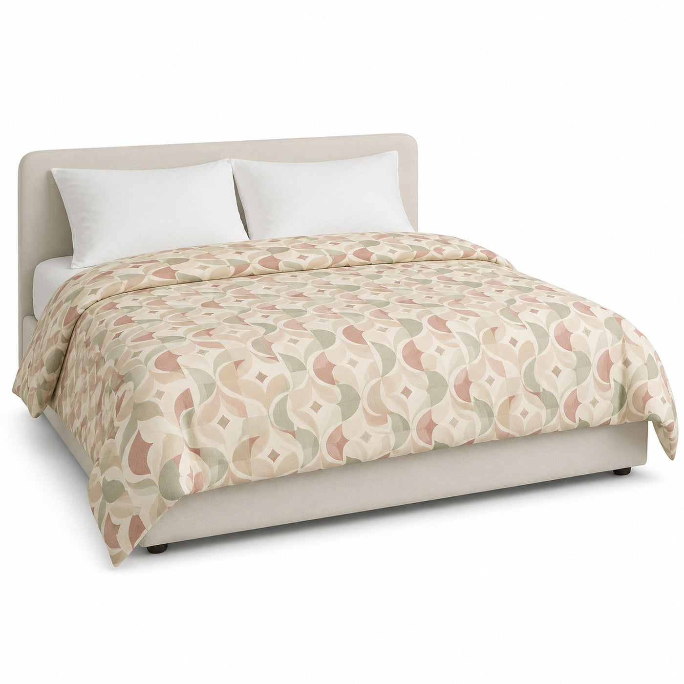 Primeval cream dusty rose beige and sage geometric duvet cover displayed on a styled bed against a clean white studio background
