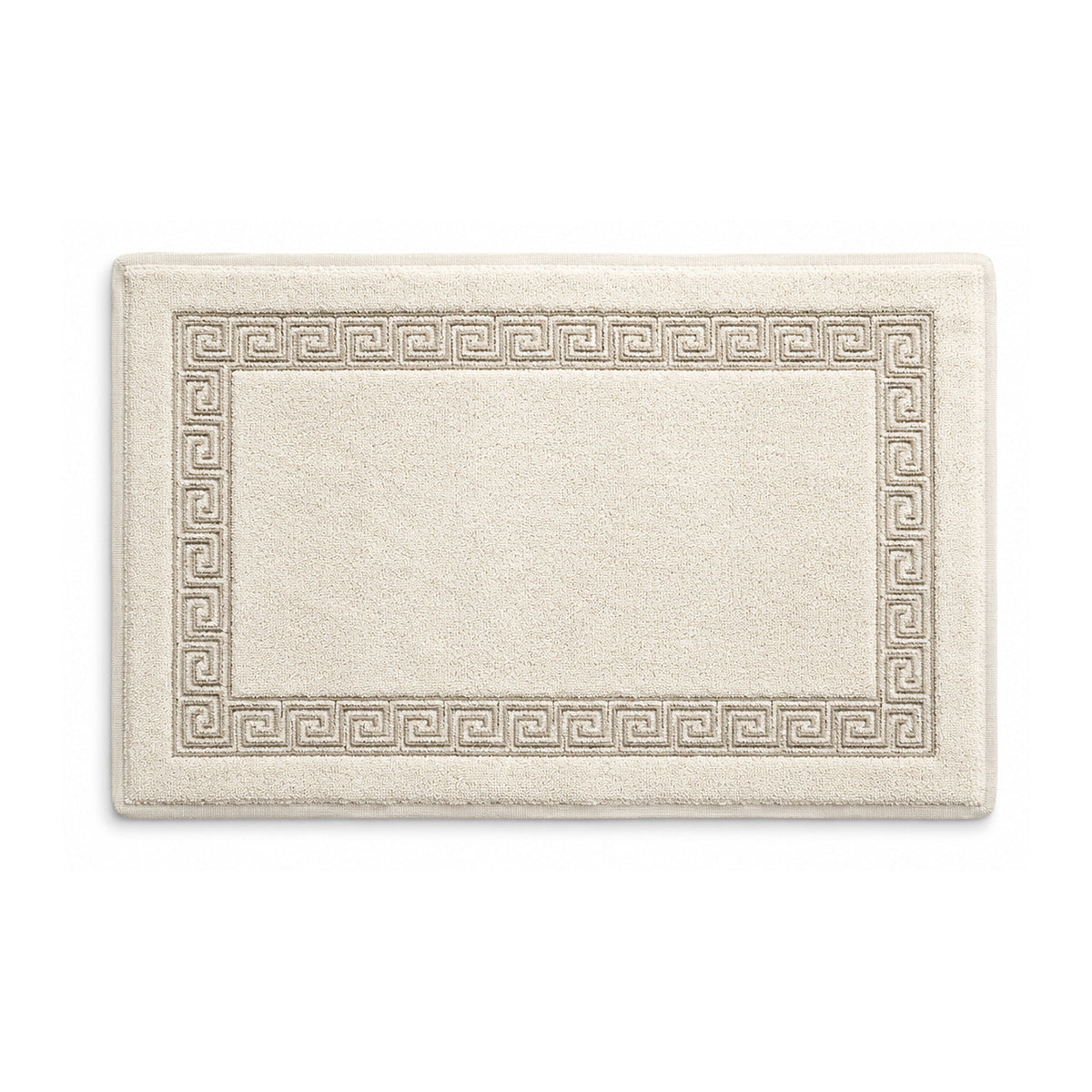 Cream cotton bath mat with Greek key border on white background