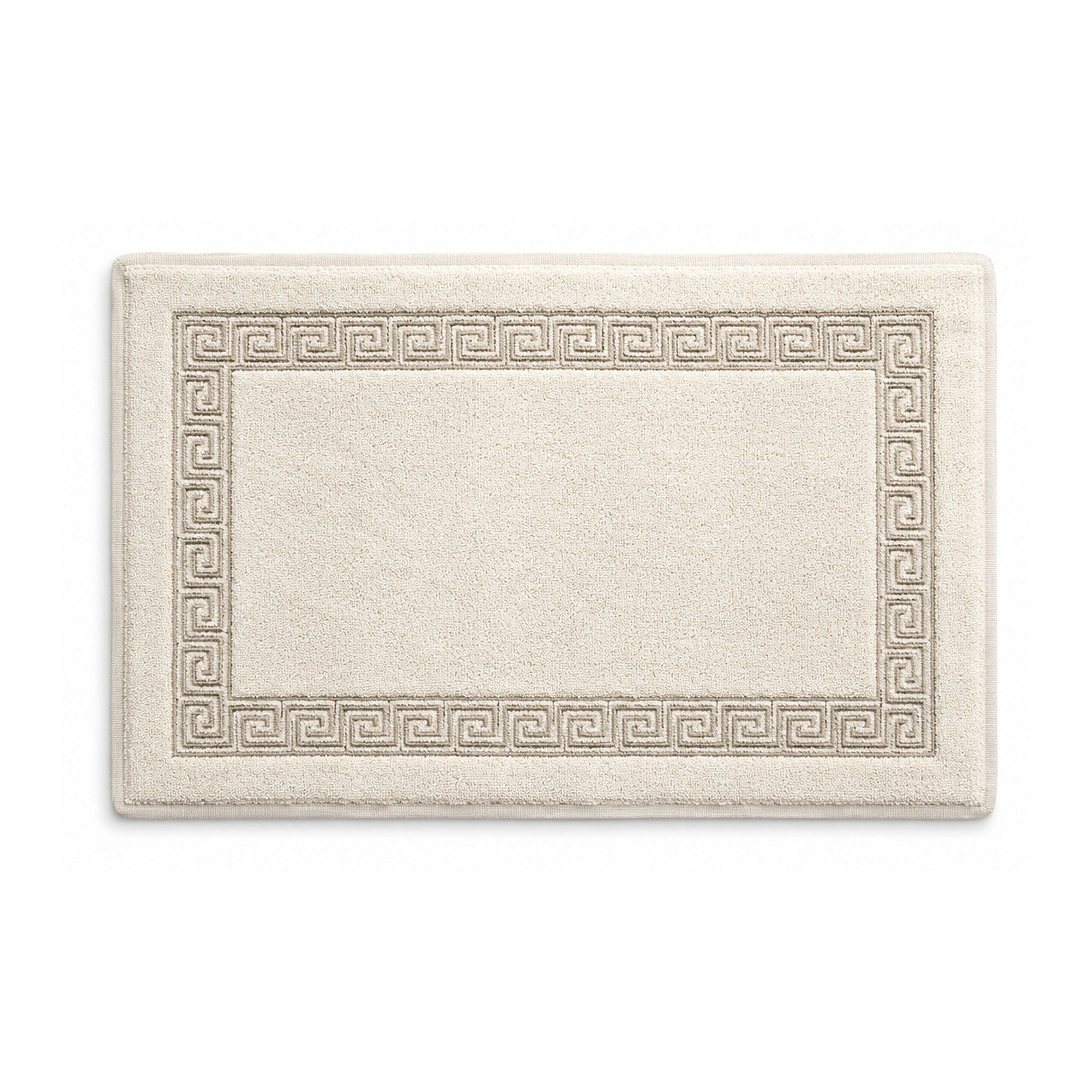 Cream cotton bath mat with Greek key border on white background