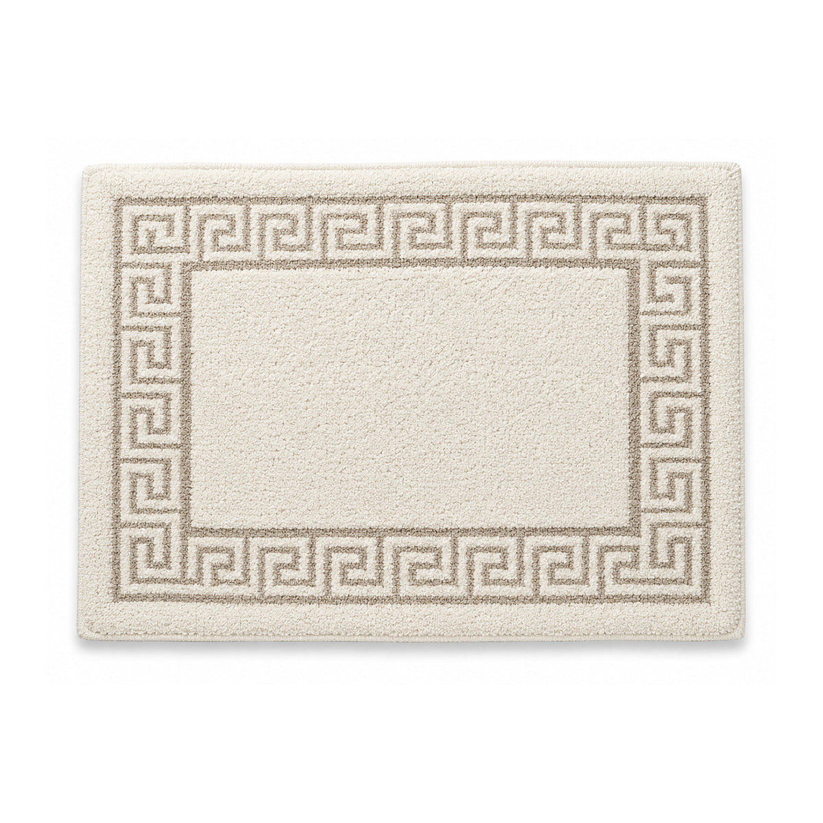 Cream Greek key plush bath mat with classic border on white background