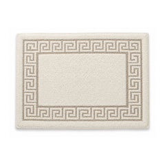 Cream Greek key plush bath mat with classic border on white background