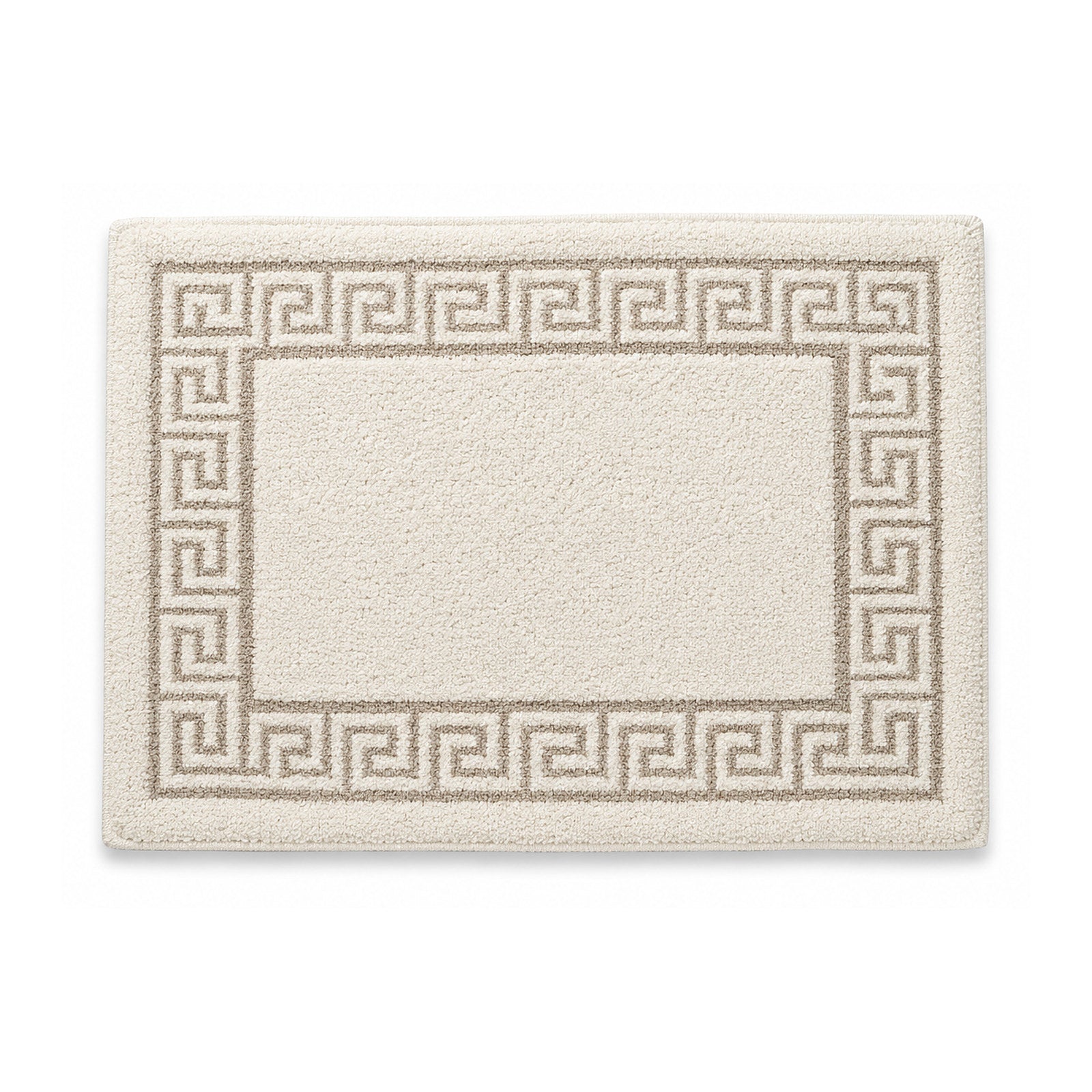 Cream Greek key plush bath mat with classic border on white background