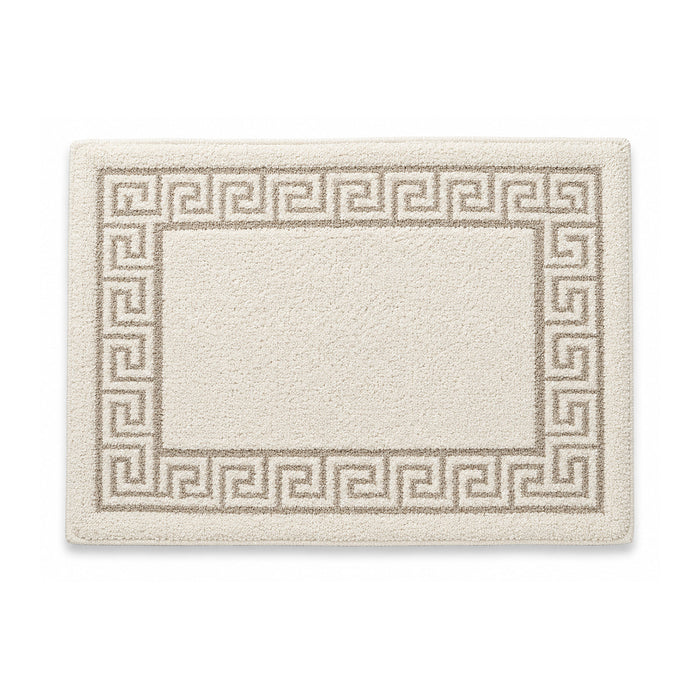 Cream Greek key plush bath mat with classic border on white background