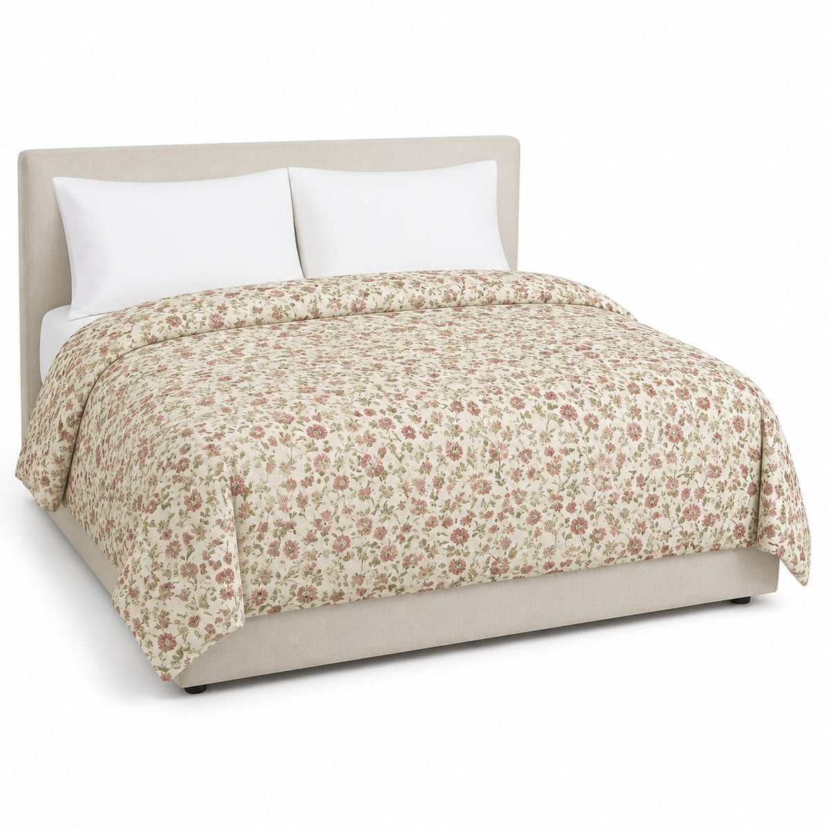 Primeval cream muted rose sage artisan floral duvet cover displayed on a styled bed against a clean white studio background