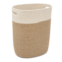 Primeval cream and natural Scandinavian-style jute laundry basket with integrated handles on a white background