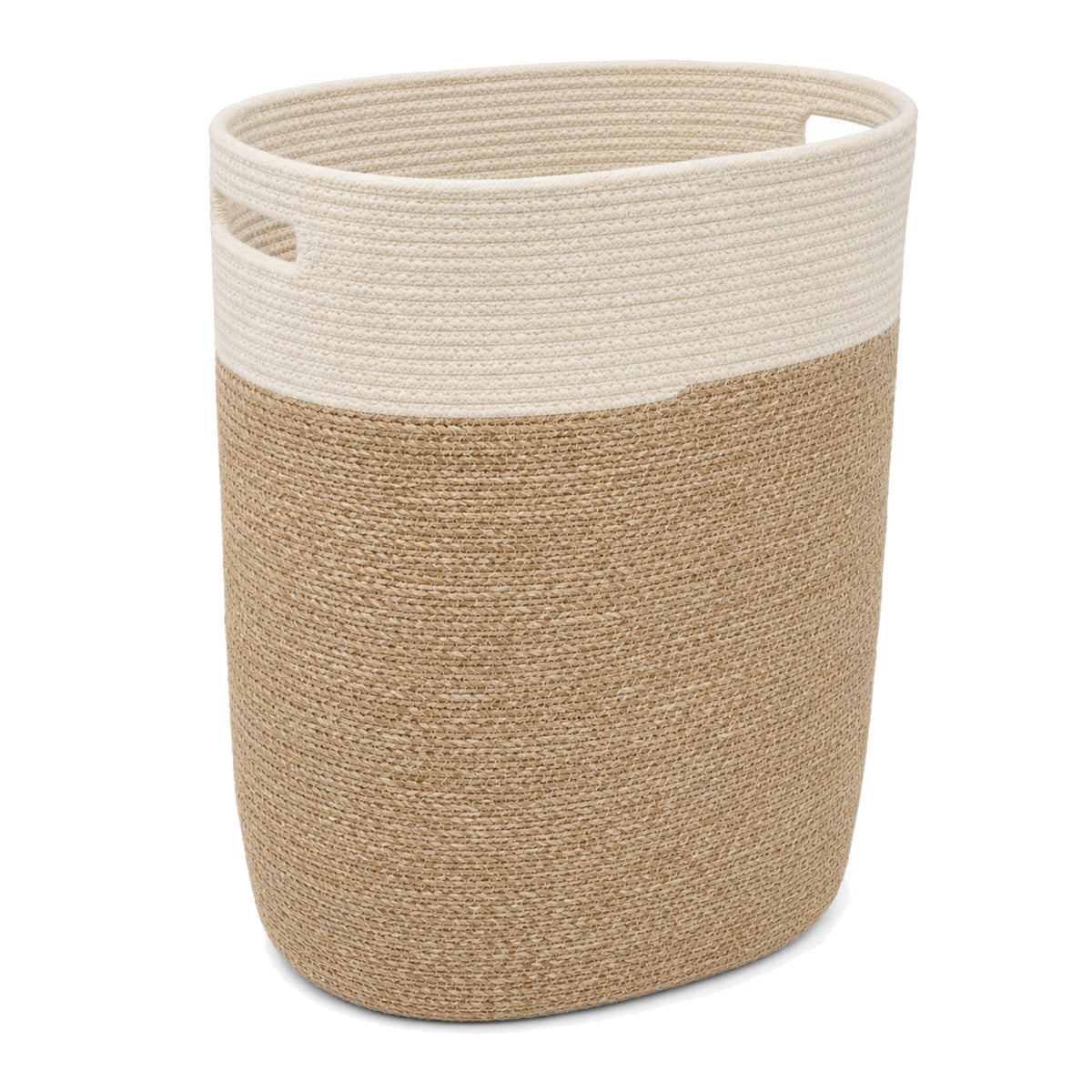Primeval cream and natural Scandinavian-style jute laundry basket with integrated handles on a white background