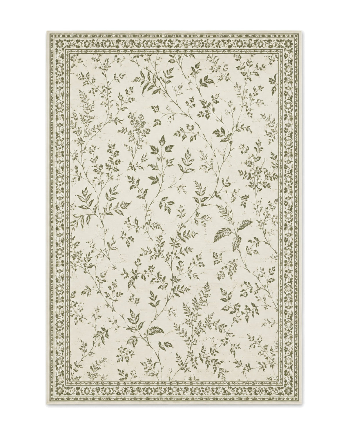 Cream and olive printed area rug with delicate botanical vines and decorative border on a white background.