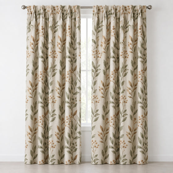 Cream blackout curtains with olive green leaf print, front product view - Primeval