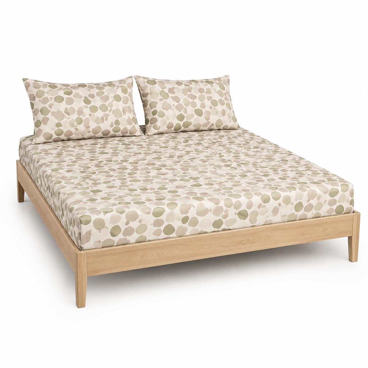 Cream and olive pebble-pattern bed sheet set with matching pillowcases on a wooden bed