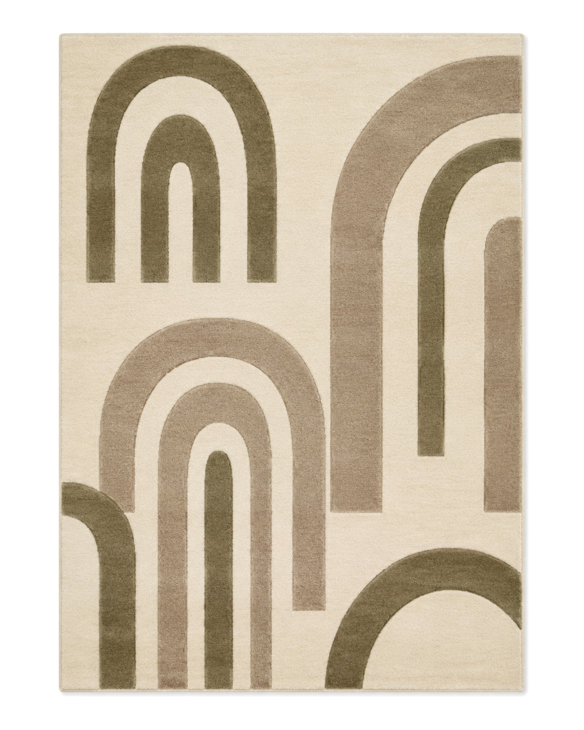 Cream, olive and taupe cut-pile area rug with modern layered arch motifs on a white background.