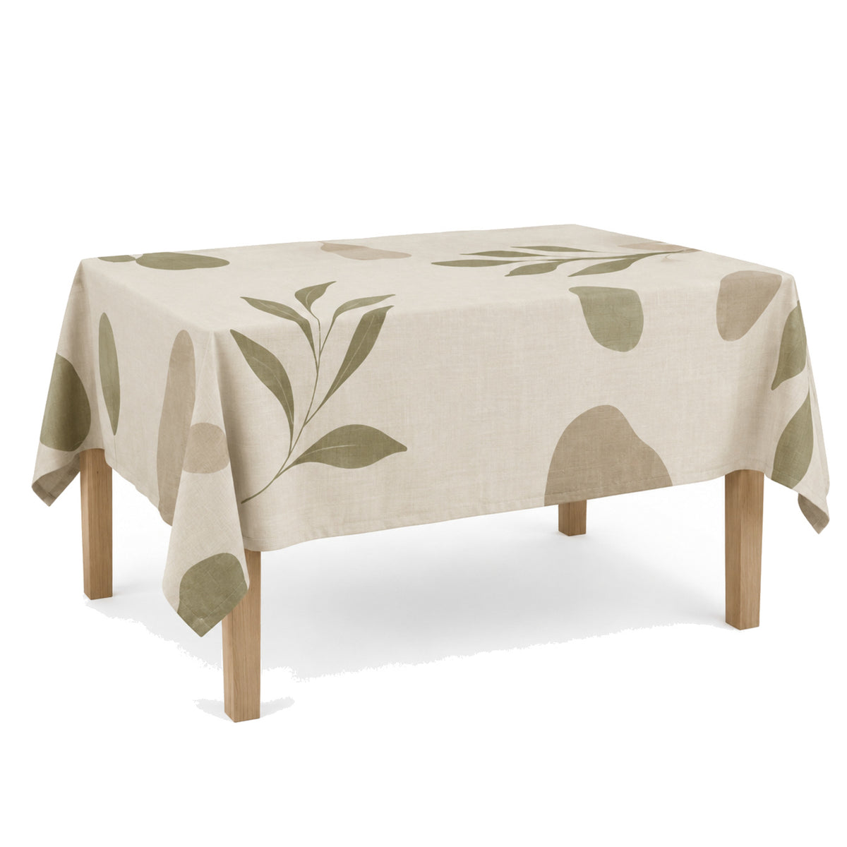 Primeval cream olive taupe organic motif tablecloth displayed on a rectangular dining table