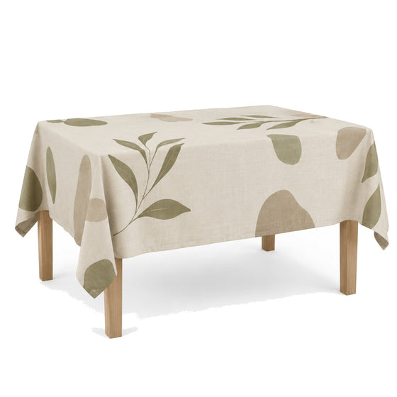 Primeval cream olive taupe organic motif tablecloth displayed on a rectangular dining table