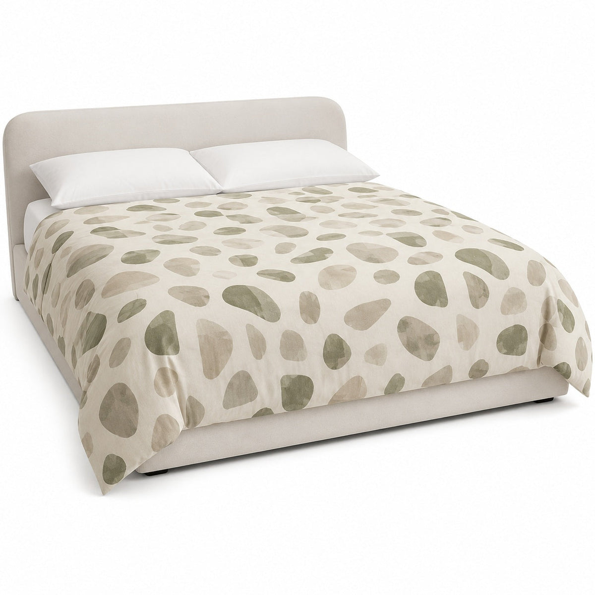 Primeval cream olive and taupe pebble duvet cover displayed on a styled bed against a clean white studio background