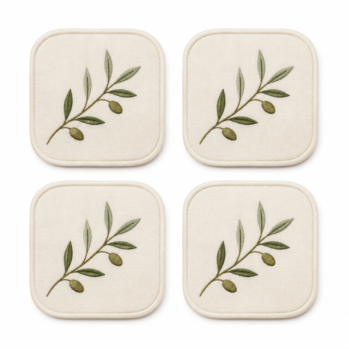 Cream olive vine coaster set on a clean white background