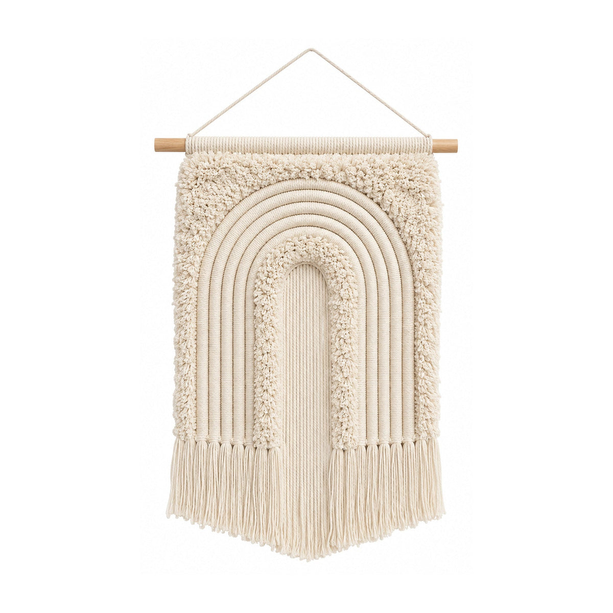 Cream rainbow cotton macrame wall hanging with textured arches and fringe