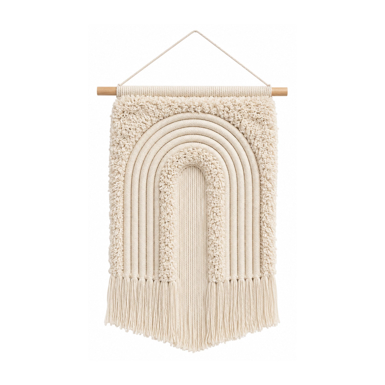 Cream rainbow cotton macrame wall hanging with textured arches and fringe