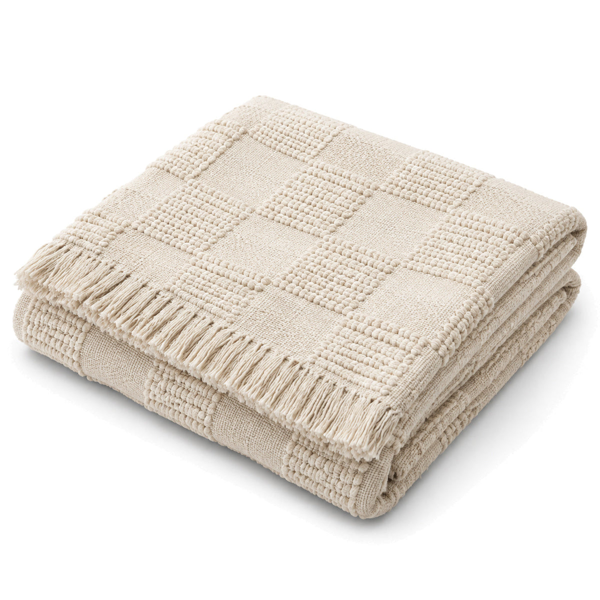 Cream raised checker textured cotton throw with fringe 130×170 cm by Primeval