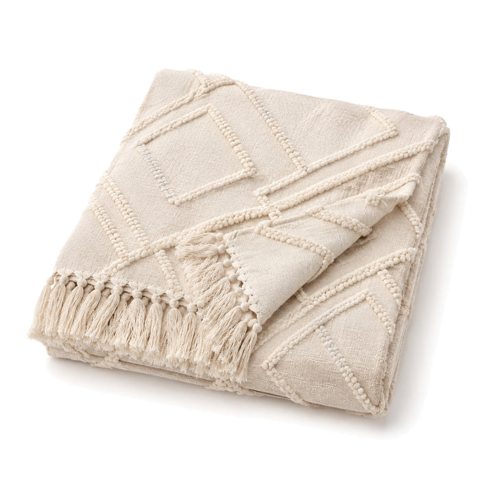 Cream raised geometric textured cotton throw with fringe 130×170 cm by Primeval