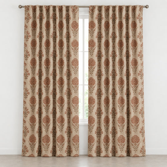 Cream blackout curtains with rust medallion pattern, front product view - Primeval