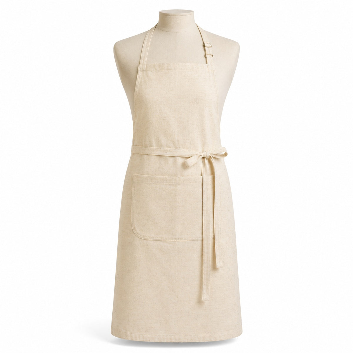 Primeval cream slub-look chef apron with central front pocket displayed on a dress form