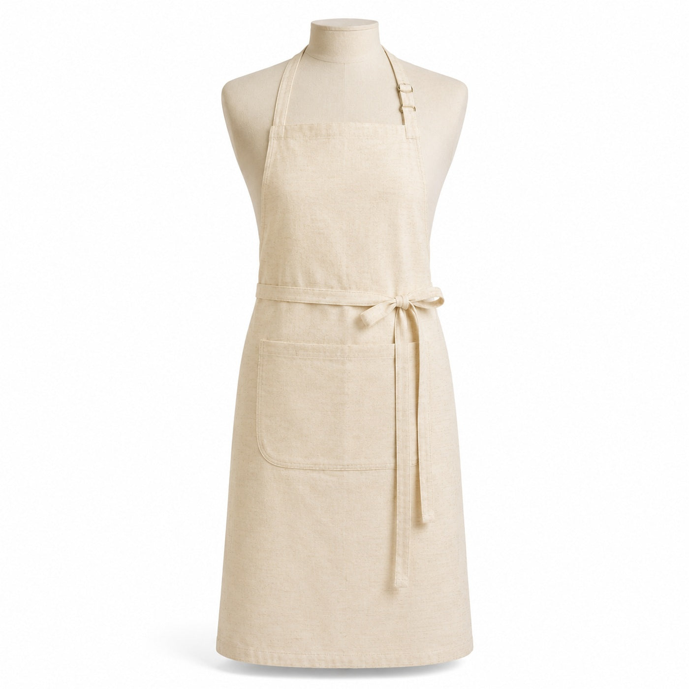 Primeval cream slub-look chef apron with central front pocket displayed on a dress form