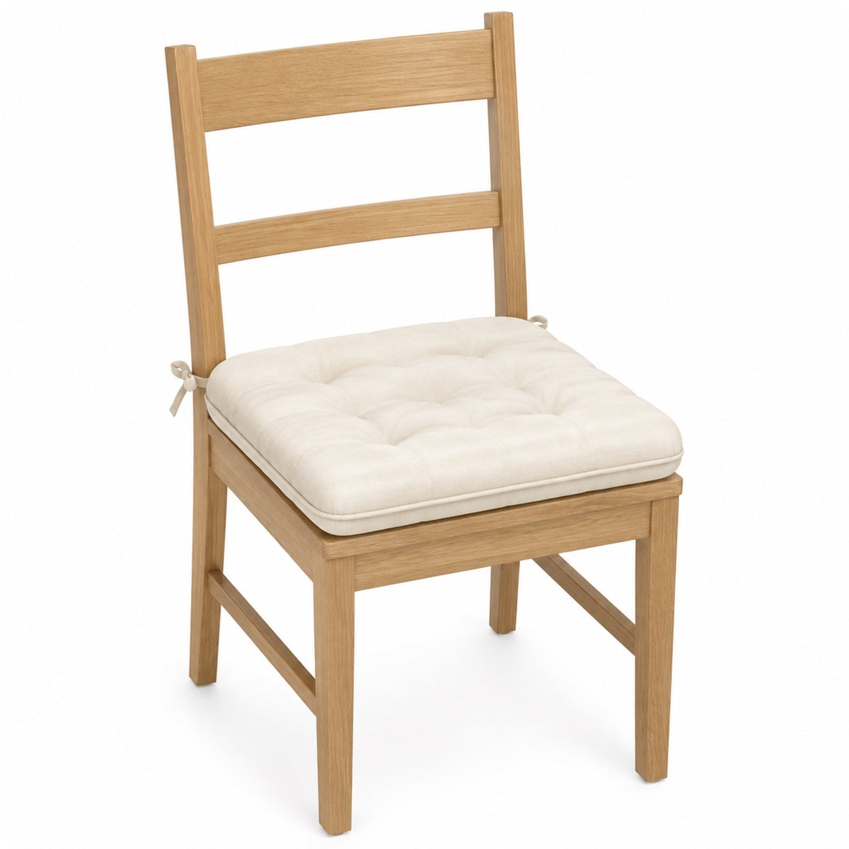 Primeval cream soft tufted dining chair pad with tie straps on wooden dining chair
