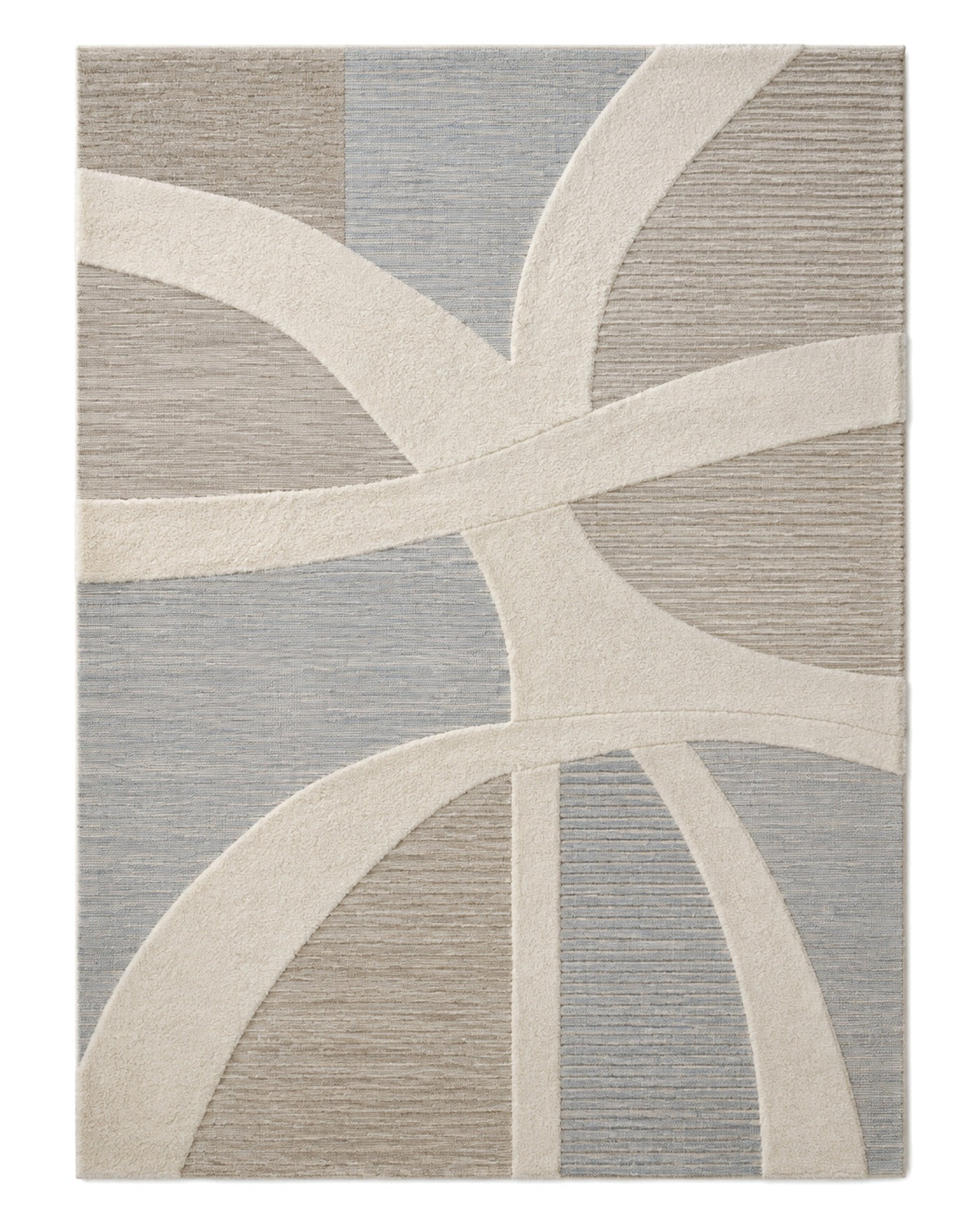 Cream, taupe and dusty blue mixed-texture area rug with sweeping intersecting curved bands on a white background.