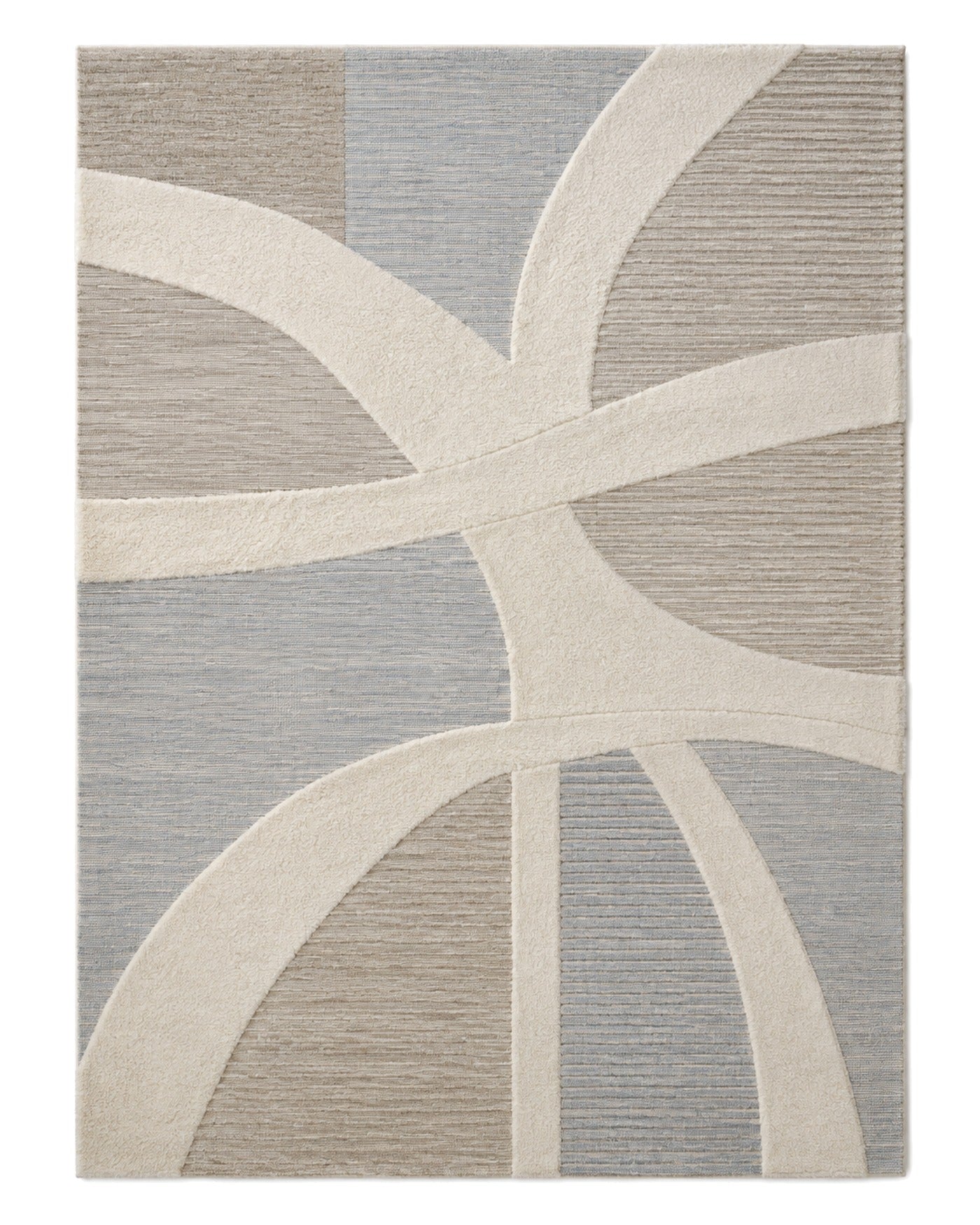 Cream, taupe and dusty blue mixed-texture area rug with sweeping intersecting curved bands on a white background.